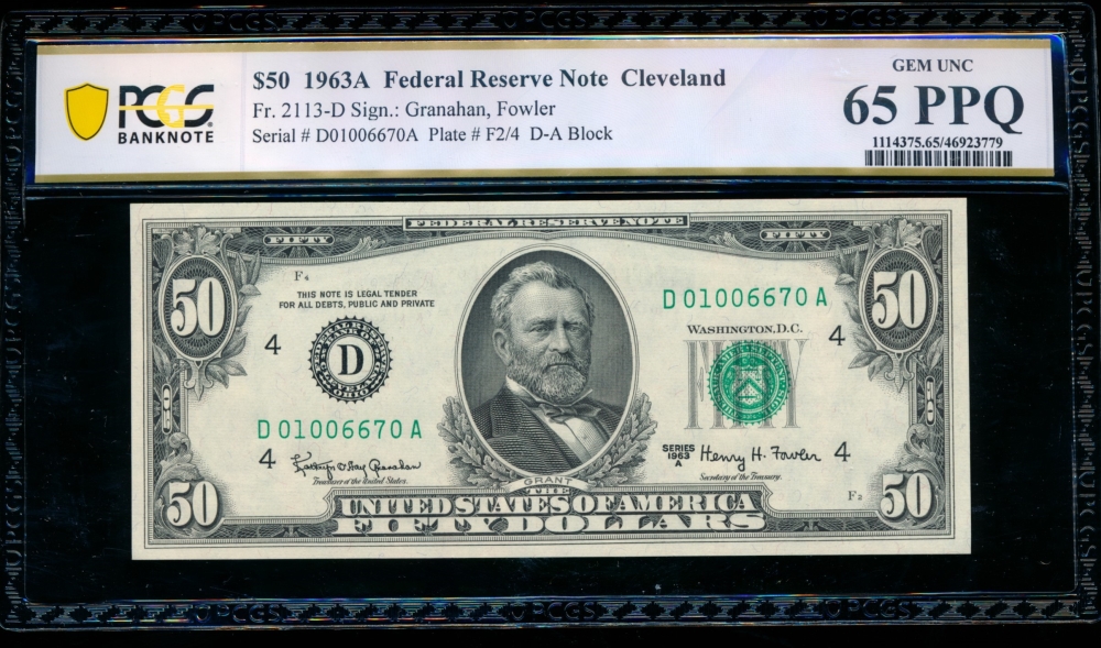 Fr. 2113-D 1963A $50  Federal Reserve Note Cleveland PCGS 65PPQ D01006670A