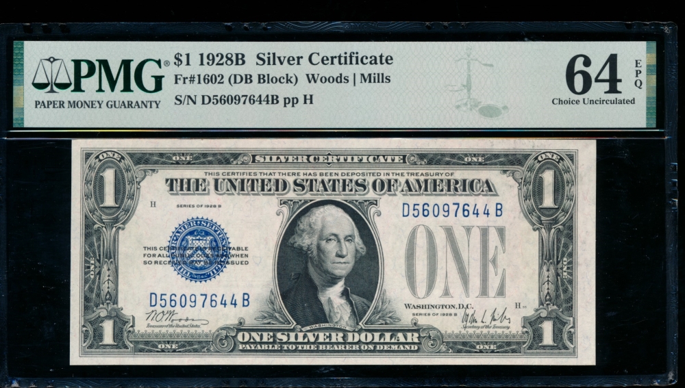 Fr. 1602 1928B $1  Silver Certificate DB block PMG 64EPQ D56097644A