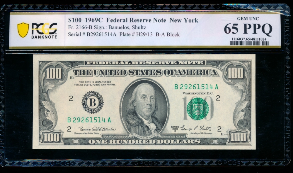 Fr. 2166-B 1969C $100  Federal Reserve Note New York PCGS 65PPQ B27261514A
