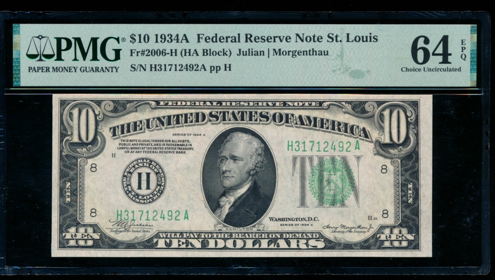 Fr. 2006-H 1934A $10  Federal Reserve Note Saint Louis PMG 64EPQ H31712492A