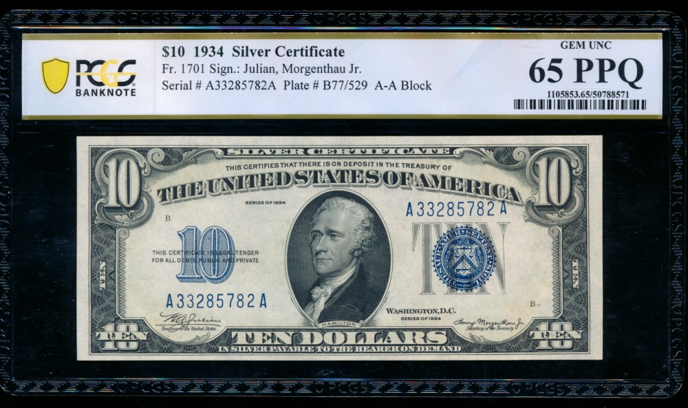 Fr. 1701 1934 $10  Silver Certificate AA block PCGS 65PPQ A33285782A