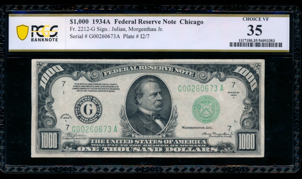 Fr. 2212-G 1934A $1,000  Federal Reserve Note Chicago PCGS 35 G00260673A