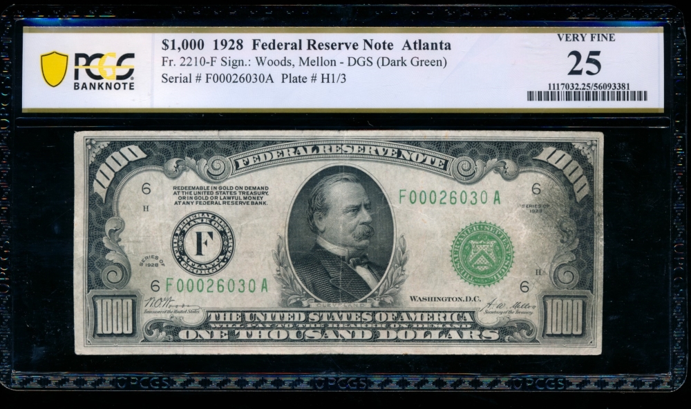 Fr. 2210-F 1928 $1,000  Federal Reserve Note Atlanta PCGS 25 comment F00026030A