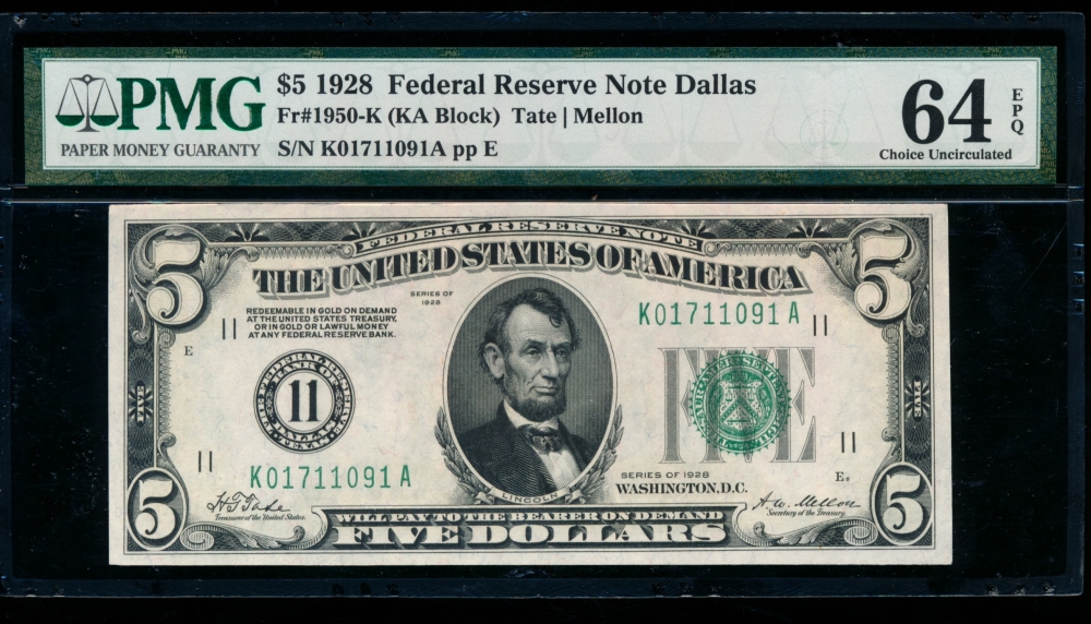 Fr. 1950-K 1928 $5  Federal Reserve Note Dallas PMG 64EPQ K01711091A