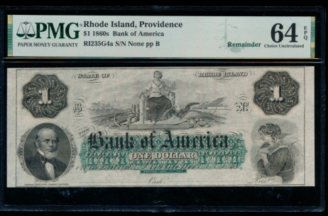 Fr. RI-235 G4a 1860s $1  Obsolete Bank of America, Rhode Island PMG 64EPQ no serial number