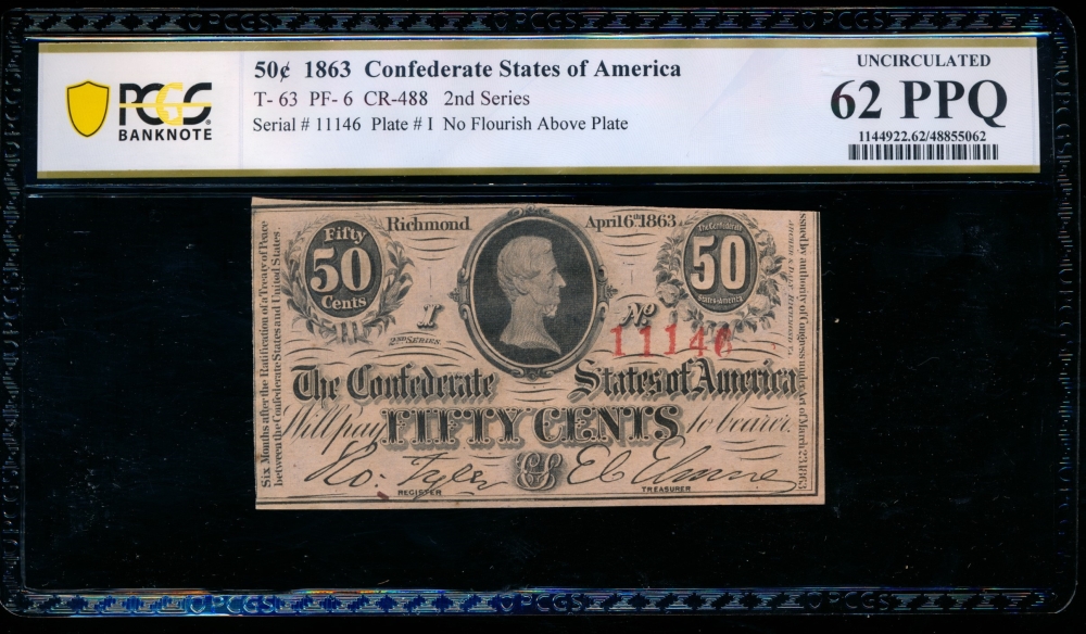 Fr. T-63 1863 $0.50  Confederate  PCGS 62PPQ 11146