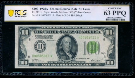 Fr. 2151-H 1928A $100  Federal Reserve Note Saint Louis LGS PCGS 63PPQ H00505011A