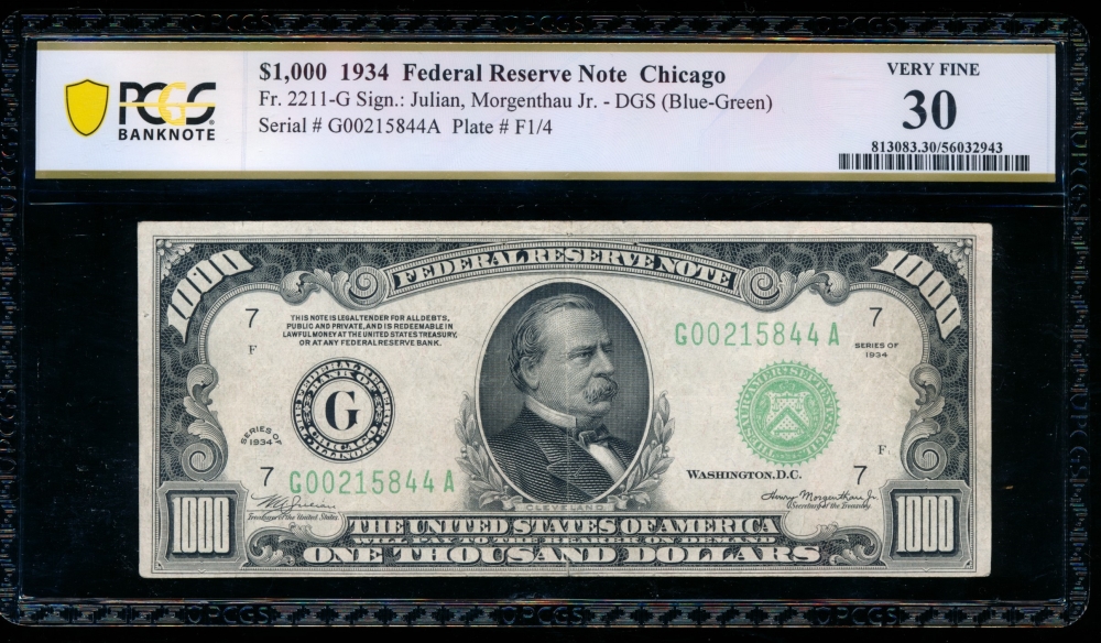 Fr. 2211-G 1934 $1,000  Federal Reserve Note Chicago PCGS 30 comment G00215844A