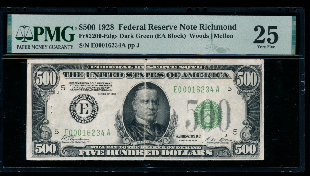 Fr. 2200-E 1928 $500  Federal Reserve Note Richmond PMG 25 comment E00016234A