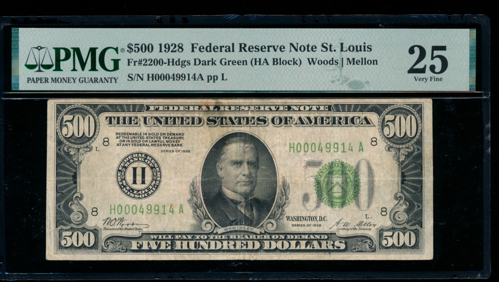 Fr. 2200-H 1928 $500  Federal Reserve Note Saint Louis PMG 25 comment H00049914A