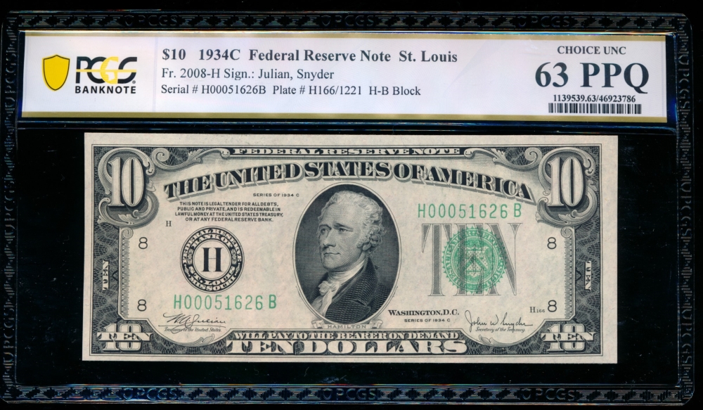 Fr. 2008-H 1934C $10  Federal Reserve Note Saint Louis PCGS 63PPQ H00051626B