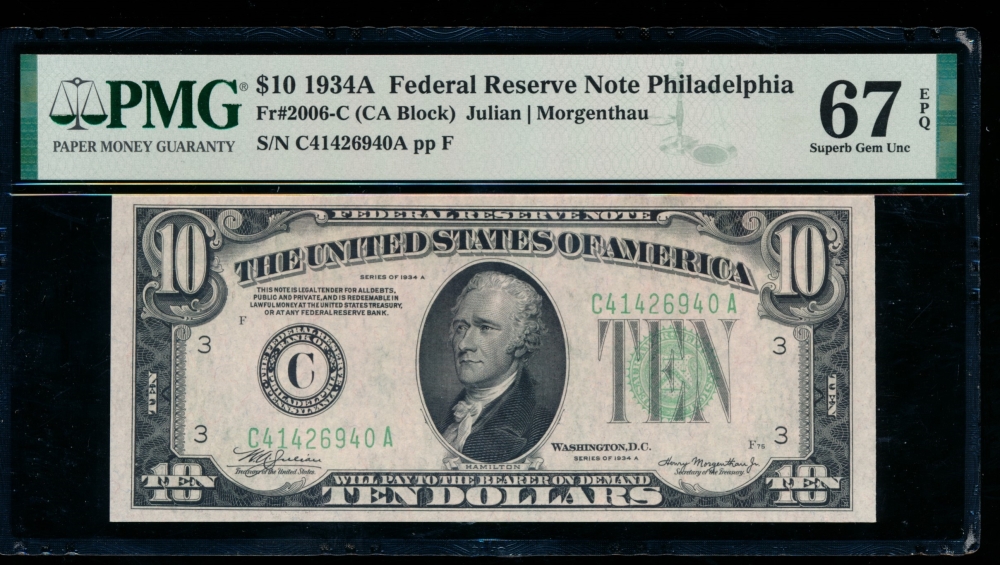 Fr. 2006-C 1934A $10  Federal Reserve Note Philadelphia PMG 67EPQ C41426940A