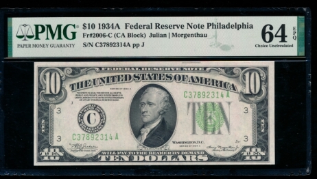 Fr. 2006-C 1934A $10  Federal Reserve Note Philadelphia PMG 64EPQ C37892314A