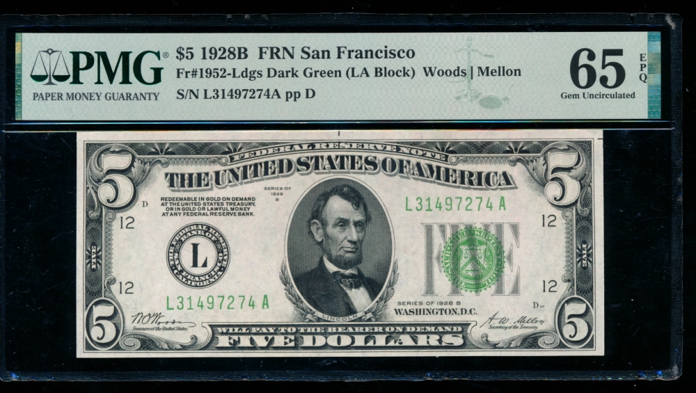 Fr. 1952-L 1928B $5  Federal Reserve Note San Francisco PMG 65EPQ L31497274A