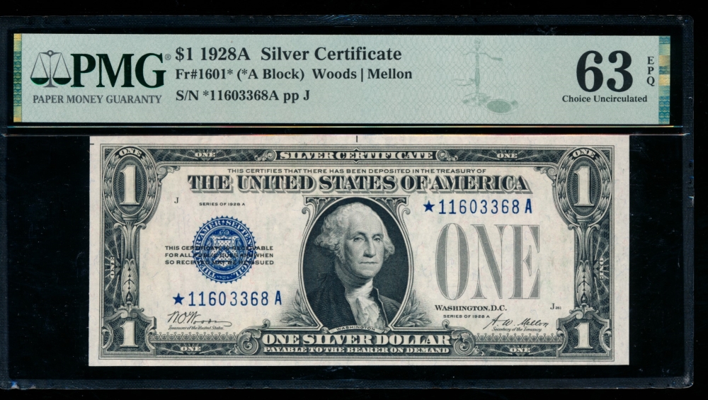 Fr. 1601 1928A $1  Silver Certificate *A block PMG 63EPQ *11603368A