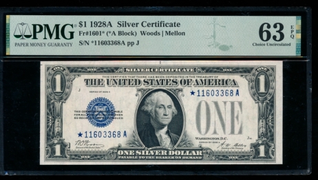 Fr. 1601 1928A $1  Silver Certificate *A block PMG 63EPQ *11603368A