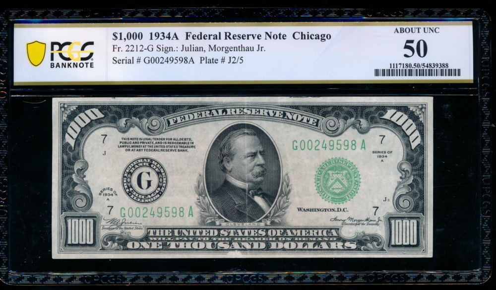 Fr. 2212-G 1934A $1,000  Federal Reserve Note Chicago PCGS 50 comment G00249598A