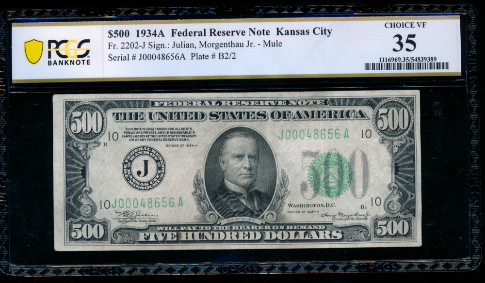 Fr. 2202-J 1934A $500  Federal Reserve Note Kansas City PCGS 35 J00048656A