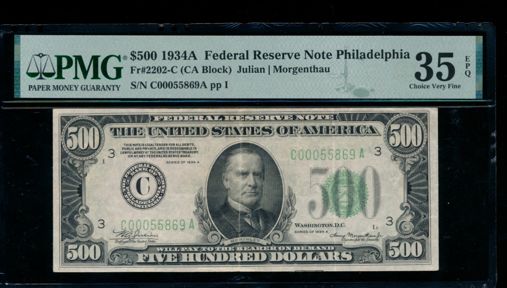 Fr. 2202-C 1934A $500  Federal Reserve Note Philadelphia PMG 35EPQ C00055869A