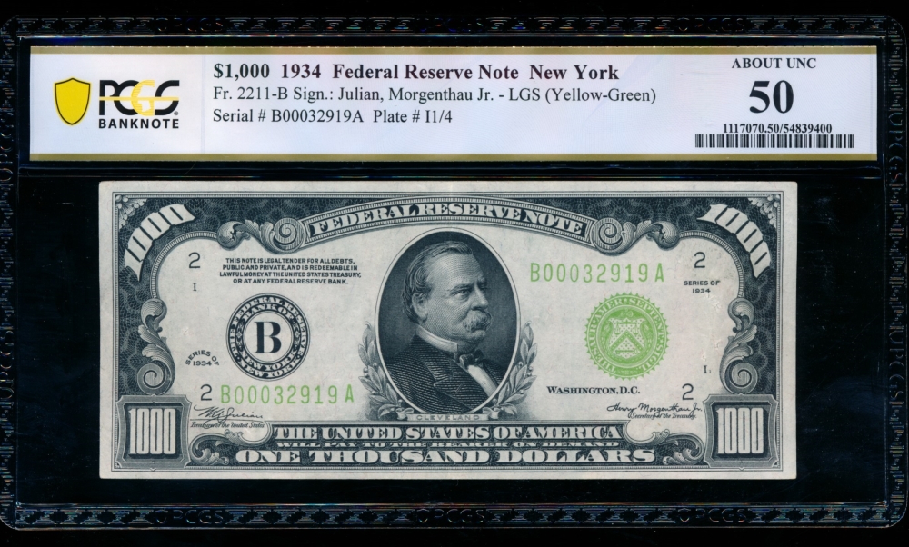 Fr. 2211-B 1934 $1,000  Federal Reserve Note New York LGS PCGS 50 comment B00032919A