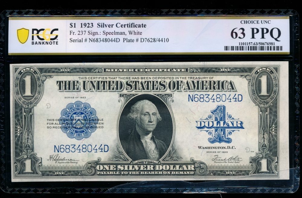 Fr. 237 1923 $1  Silver Certificate ND block PCGS 63PPQ N68348044D