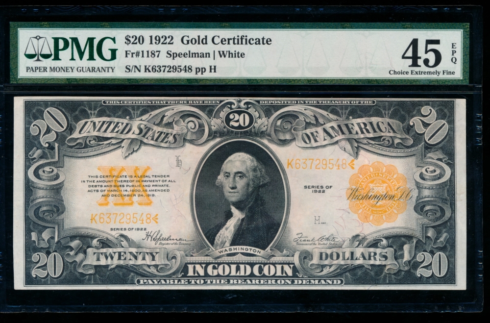 Fr. 1187 1922 $20  Gold Certificate  PMG 45EPQ K63729548