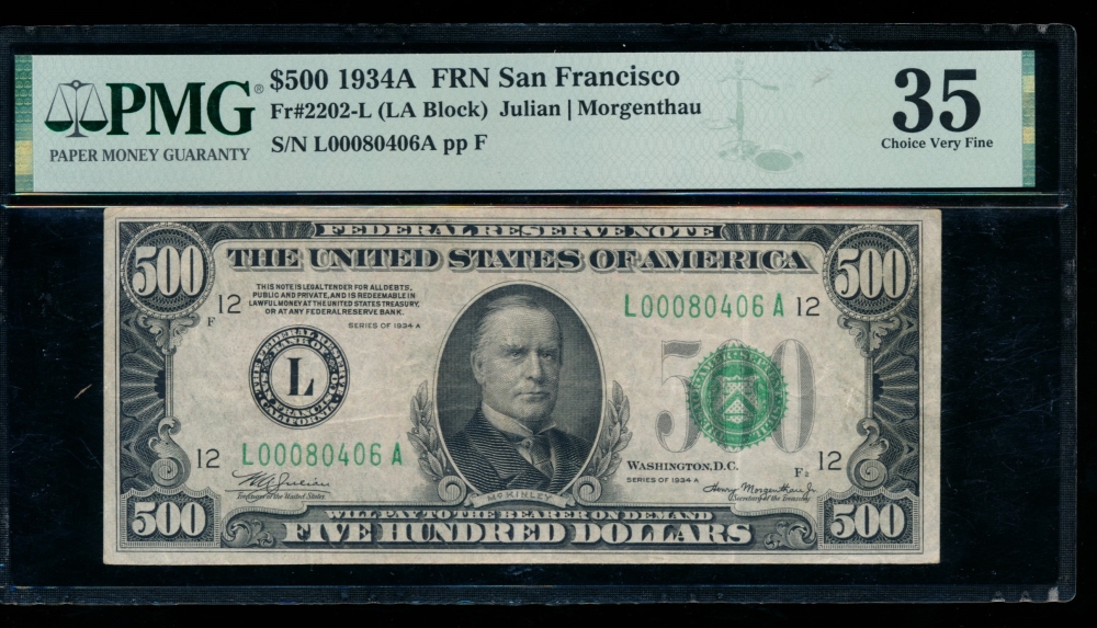 Fr. 2202-L 1934A $500  Federal Reserve Note San Francisco PMG 35 L00080406A