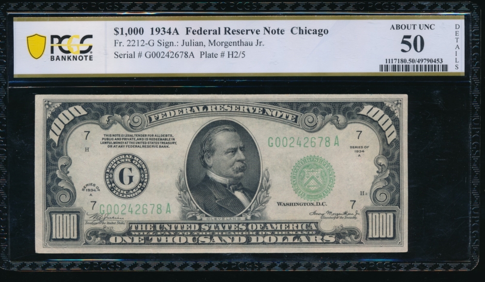 Fr. 2212-G 1934A $1,000  Federal Reserve Note Chicago PCGS 50 details G00242678A