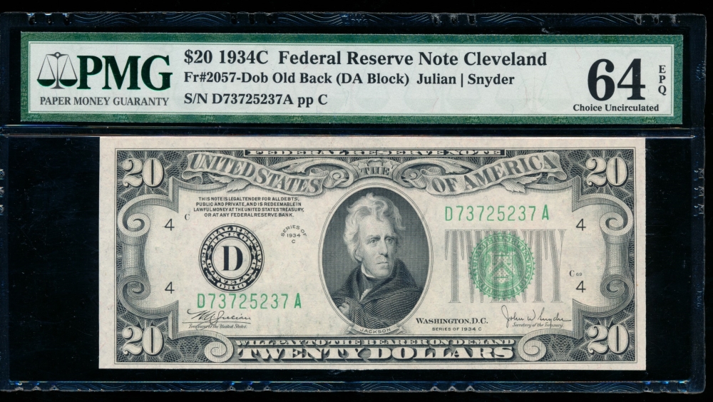 Fr. 2057-D 1934C $20  Federal Reserve Note Cleveland, old back PMG 64EPQ D73725237A