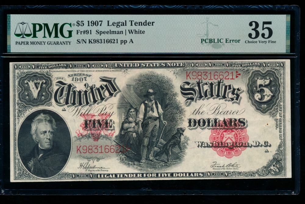 Fr. 91 1907 $5  Legal Tender  PMG 35 comment K98316621