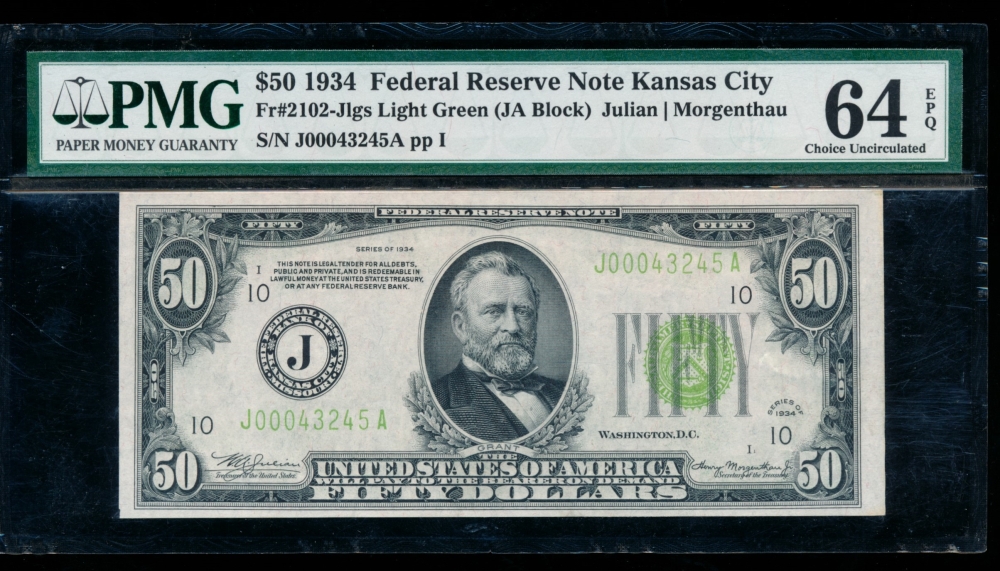 Fr. 2102-J 1934 $50  Federal Reserve Note Kansas City LGS PMG 64EPQ J00043245A