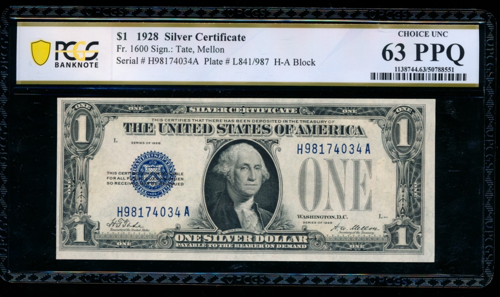 Fr. 1600 1928 $1  Silver Certificate HA block PCGS 63PPQ H98174034A