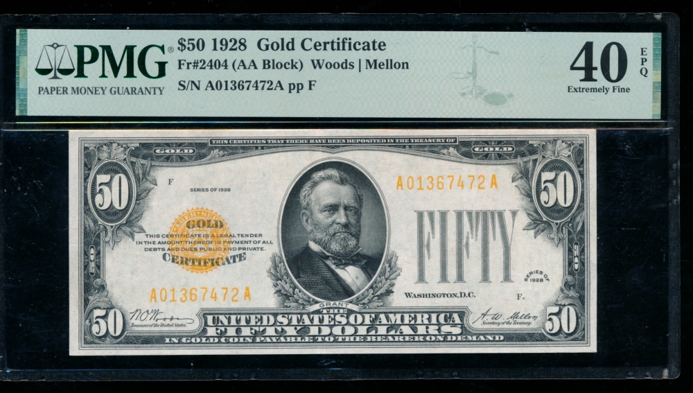 Fr. 2404 1928 $50  Gold Certificate  PMG 40EPQ A01367472A