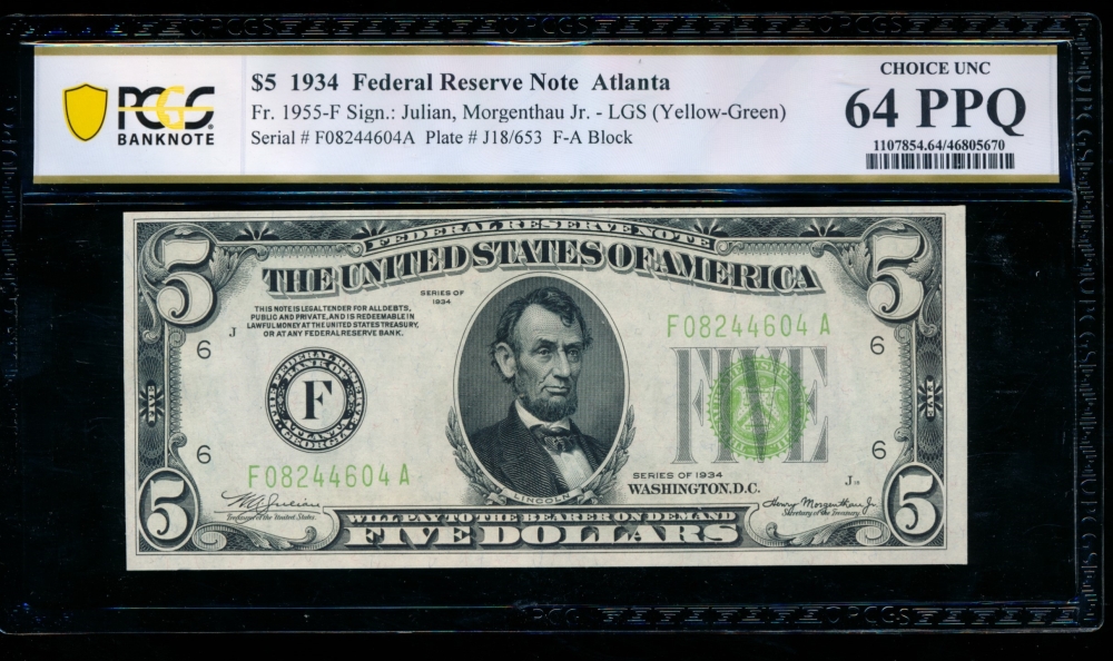 Fr. 1955-F 1934 $5  Federal Reserve Note Atlanta LGS PCGS 64PPQ F08244604A