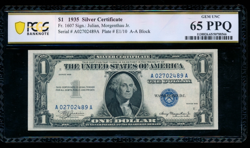 Fr. 1607 1935 $1  Silver Certificate AA block PCGS 65PPQ A02702489A
