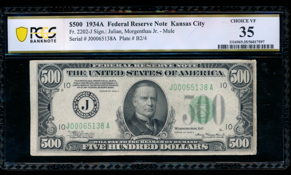 Fr. 2202-J 1934A $500  Federal Reserve Note Kansas City PCGS 35 J00065138A