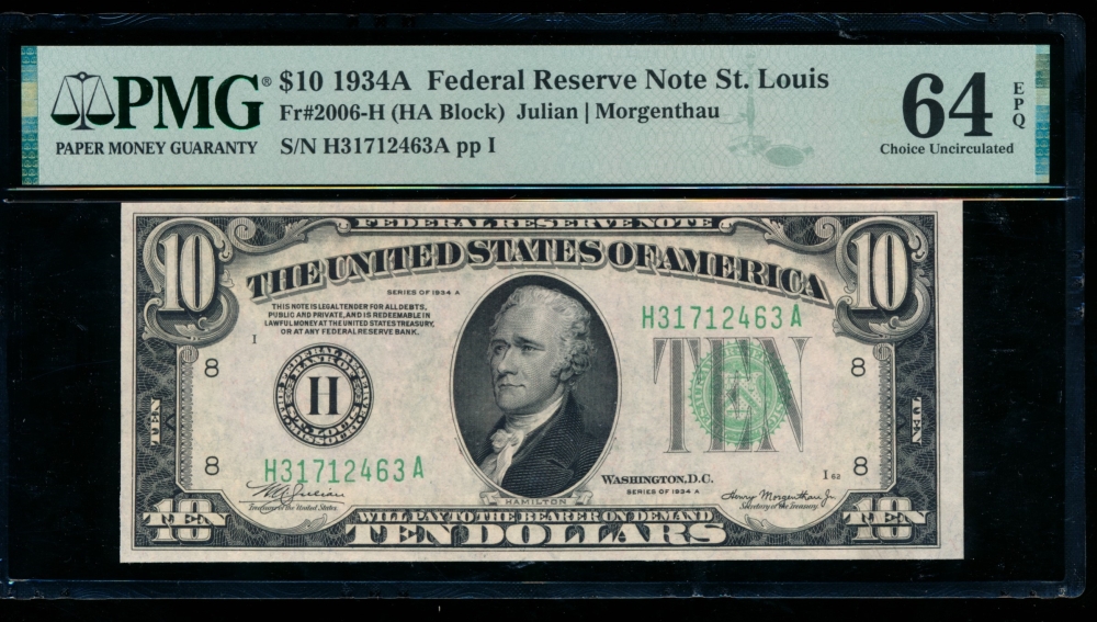 Fr. 2006-H 1934A $10  Federal Reserve Note Saint Louis PMG 64EPQ H31712463A