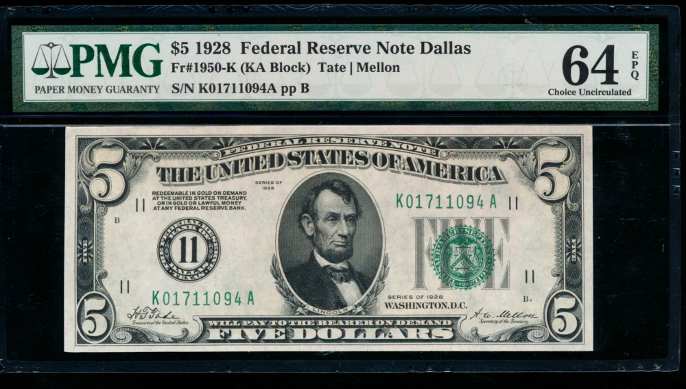 Fr. 1950-K 1928 $5  Federal Reserve Note Dallas PMG 64EPQ K01711094A