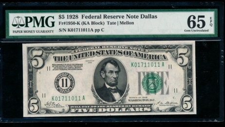 Fr. 1950-K 1928 $5  Federal Reserve Note Dallas PMG 65EPQ K01711011A