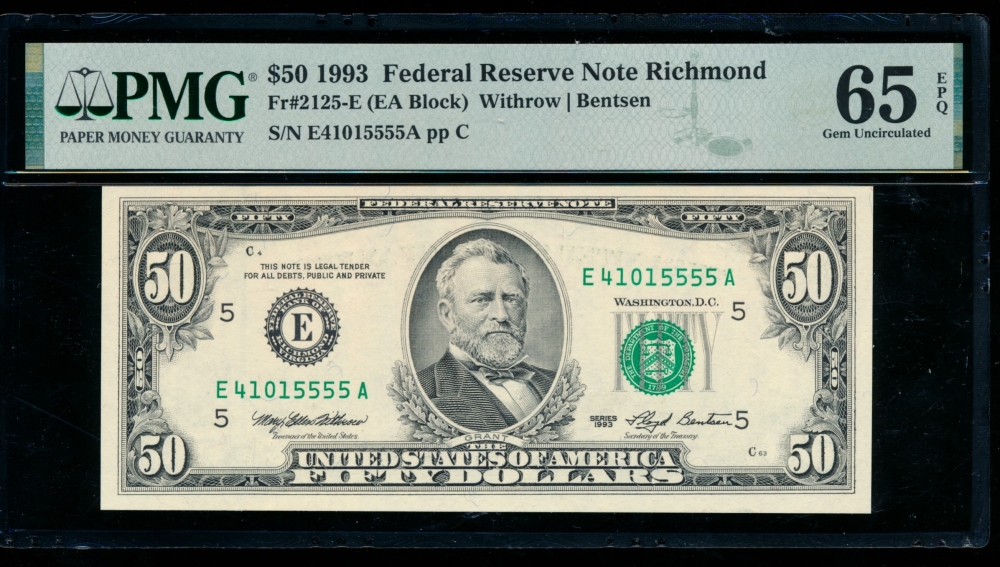 Fr. 2125-E 1993 $50  Federal Reserve Note Richmond PMG 65EPQ E41015555A