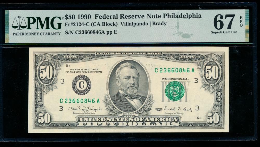 Fr. 2124-C 1990 $50  Federal Reserve Note Philadelphia PMG 67EPQ C23660846A