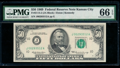 Fr. 2114-J 1969 $50  Federal Reserve Note Kansas City PMG 66EPQ J00293512A