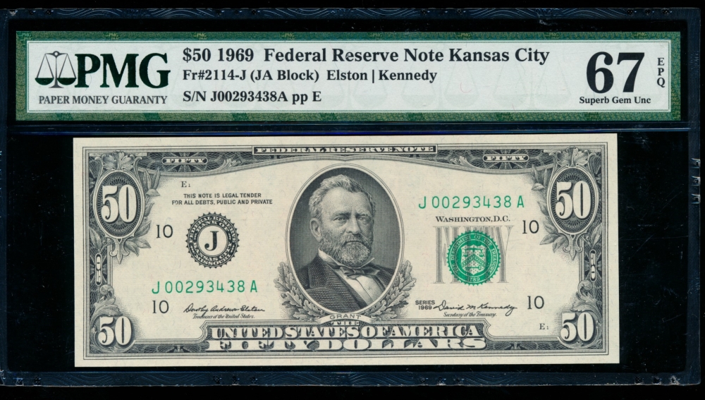 Fr. 2114-J 1969 $50  Federal Reserve Note Kansas City PMG 67EPQ J00293438A