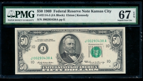 Fr. 2114-J 1969 $50  Federal Reserve Note Kansas City PMG 67EPQ J00293438A