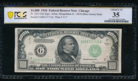 Fr. 2211-G 1934 $1,000  Federal Reserve Note Chicago PCGS 35 G00133714A