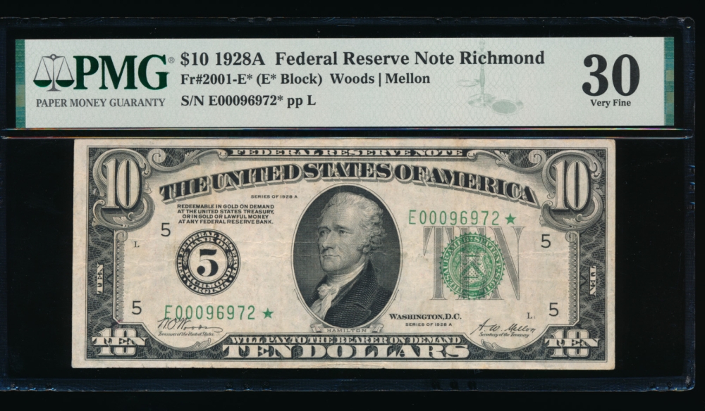 Fr. 2001-E 1928A $10  Federal Reserve Note Richmond star PMG 30 E00096972*
