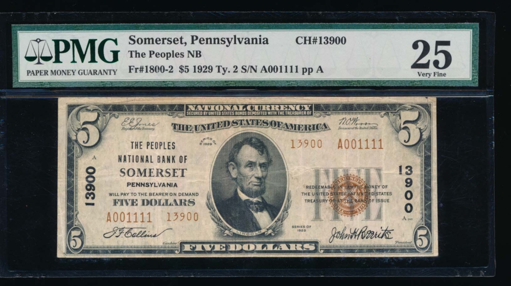 Fr. 1800-2 1929 $5  National: Type II Ch #13900 The Peoples National Bank of Somerset, Pennsylvania PMG 25 comment A001111