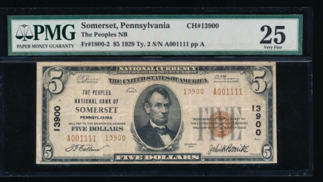Fr. 1800-2 1929 $5  National: Type II Ch #13900 The Peoples National Bank of Somerset, Pennsylvania PMG 25 comment A001111