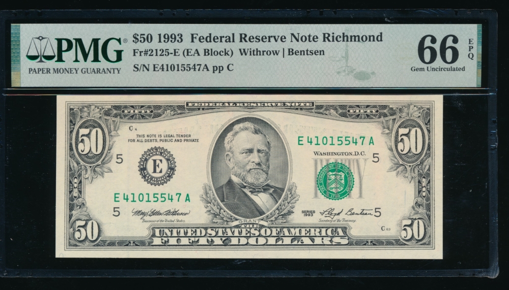 Fr. 2125-E 1993 $50  Federal Reserve Note Richmond PMG 66EPQ E41015547A