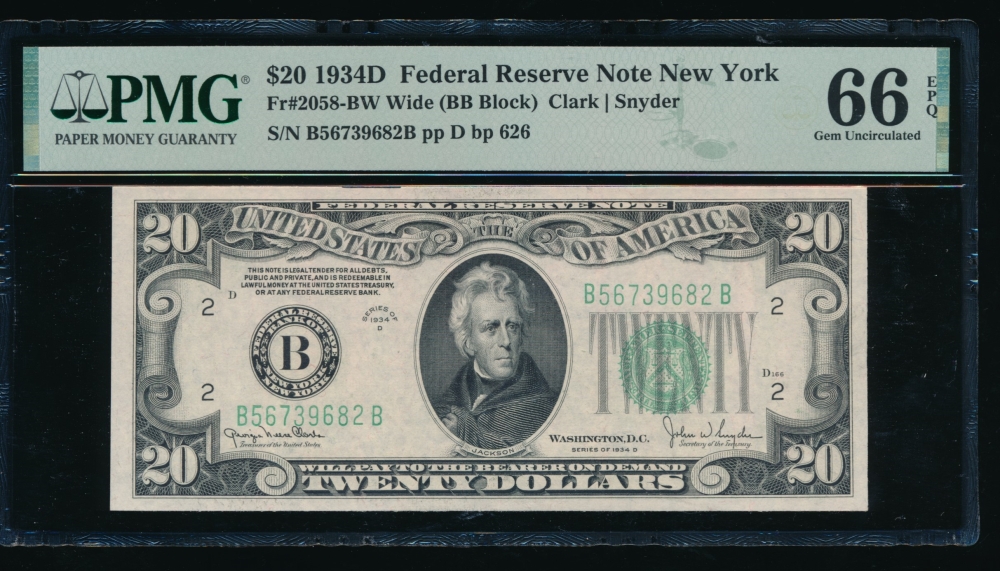 Fr. 2058-B 1934D $20  Federal Reserve Note Wide, BB block PMG 66EPQ B56739682B